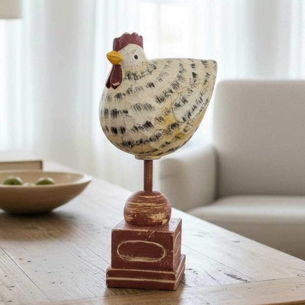 Foreside Hand Painted Wood Hen Chicken Pedestal Folk Art Farmhouse Decor